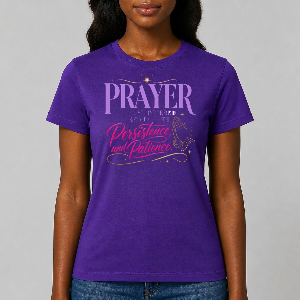 Purple · Short sleeve tee printed with the quote "Prayer is best offered as a combo with Persistence, and Patience."