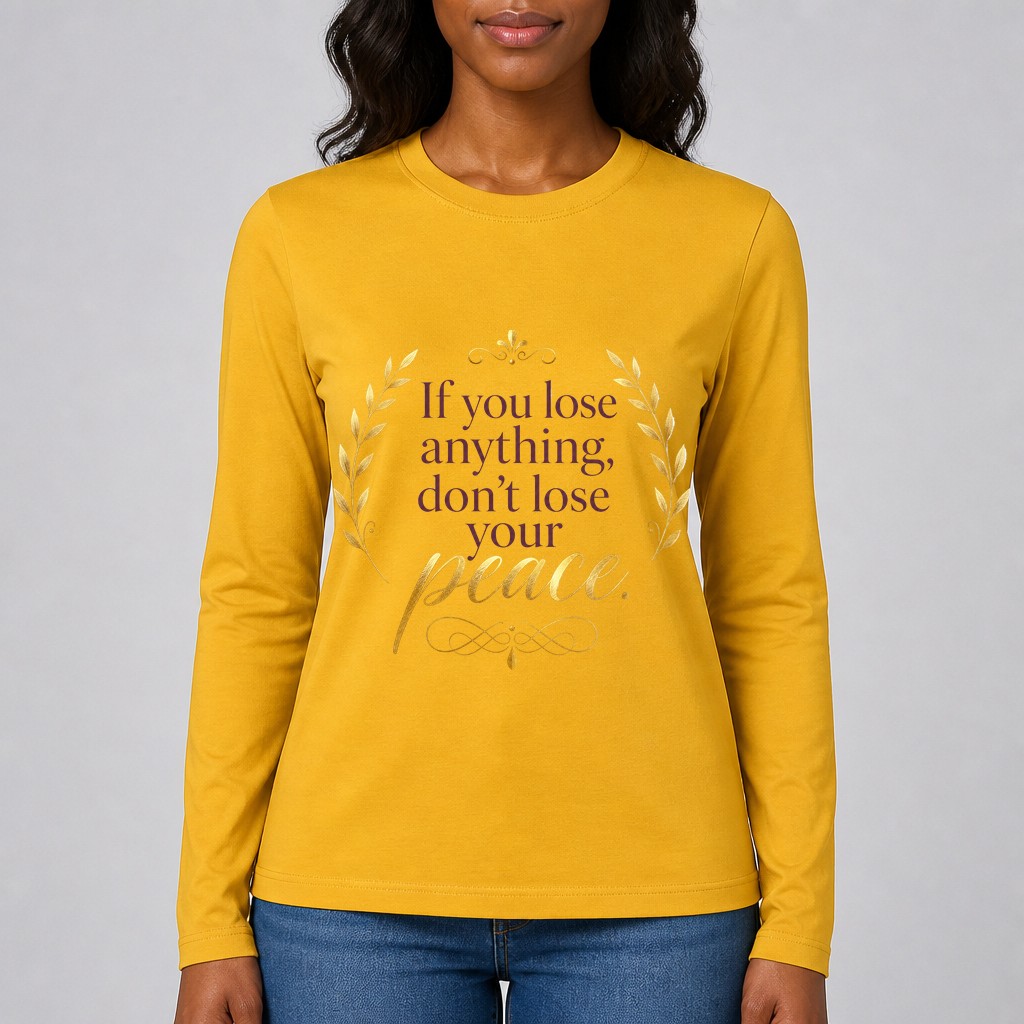 Mustard · Short sleeve tee printed with the quote "If you lose anything, don't lose your peace."